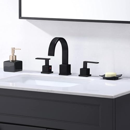 Matte Black Bathroom Faucet, Black Faucet Bathroom 3 Hole 8inch Widespread Waterfall 2 Handle Black Faucets Bathroom Sink Vanity Faucet with Pop Up Drain and Supply Lines - color: Matte Black