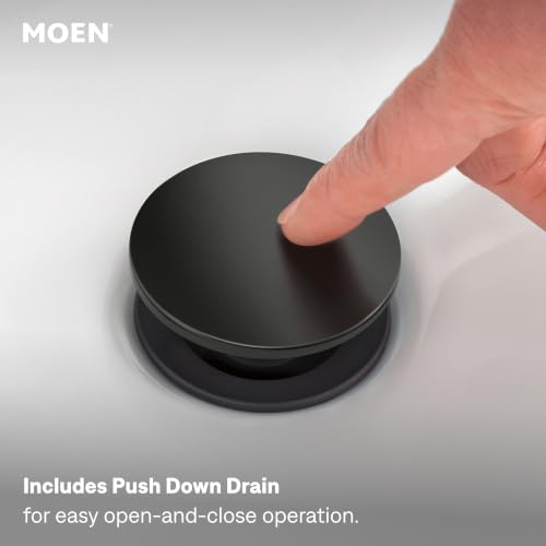 Moen Laris Matte Black One-Handle Single Hole Modern Bathroom Sink Faucet with Optional Deckplate and Spring Loaded Drain Assembly, 84014BL - color: Matte Black