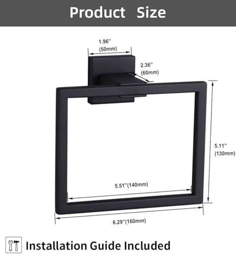 Towel Ring Stainless Steel Square Towel Rack Bathroom Vanity Towel Hanging Ring Hand Towel Holder for Bathroom Wall Hand Towel Holder -Towel Ring Black