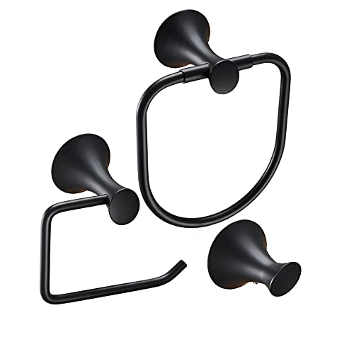 NEWRAIN 3-Piece Bathroom Hardware Set, Matte Black - Hand Towel Ring, Toilet Paper Holder, Robe Towel Hooks