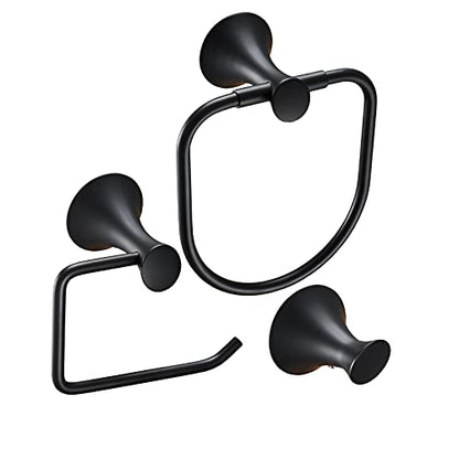 NEWRAIN 3-Piece Bathroom Hardware Set, Matte Black - Hand Towel Ring, Toilet Paper Holder, Robe Towel Hooks