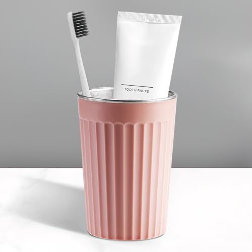 Toothbrush Cup Holder for Bathroom,Reusable Stainless Steel Bathroom Cup | 3"x4.5" Unbreakable Pink Bathroom Tumbler Cup ,300ml Easy To Clean Striated Mouthwash Cup - color: Pink