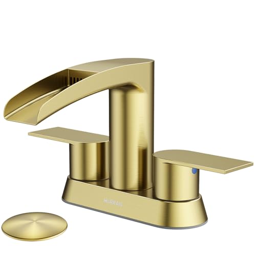 Bathroom Sink Faucet for 3 Hole, Hurran 4 Inch Faucets with Pop-up Drain, Stainless Steel 2-Handle Waterfall Faucet for Bathroom Sink, Brushed Gold - color: Brushed Gold