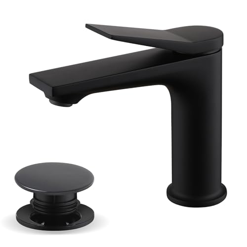 Rbrohant Single Hole Bathroom Faucet, Matte Black Single Handle Bathroom Sink Faucets for 1 Hole, Bathroom Vanity Faucet with Pop up Drain, Deck Mount, R2001-MB - color: Matte Black, style: No Escutcheon