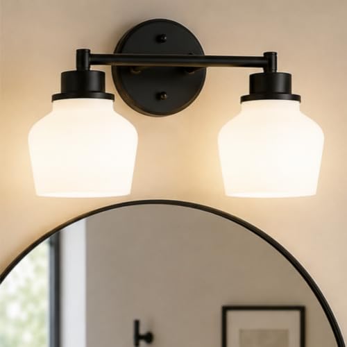 Emak 2-Light Vanity Light, Modern Farmhouse Black Bathroom Fixture Over Mirror With Milk Glass Shade, VL122-BK-ML-2 - color: Black & White Glass, size: 2 Light