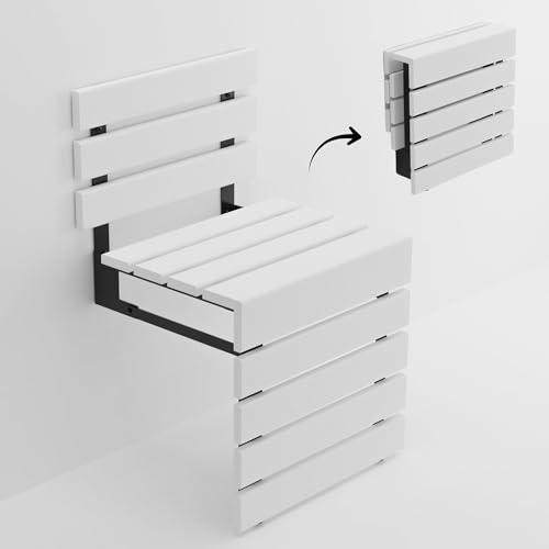 Folding Wall Mounted Teak Wood Shower Seat with Backrest, Water Resistant Foldable Bathroom Stool with Legs, Premium Materials Handmade Shoe Changing Bench, Space Saving and Super Safe Chair (White) - color: White