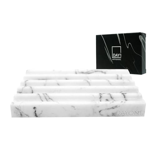 DAY1 Marble Soap Dish Tray – Bathroom Sink Soap Holder, Vanity Tray, Brush Organizer, Decorative Resin Dish for Kitchen, Countertop, Bathtub, Bar Soap, Sponges, Paint Brushes (White) - color: White