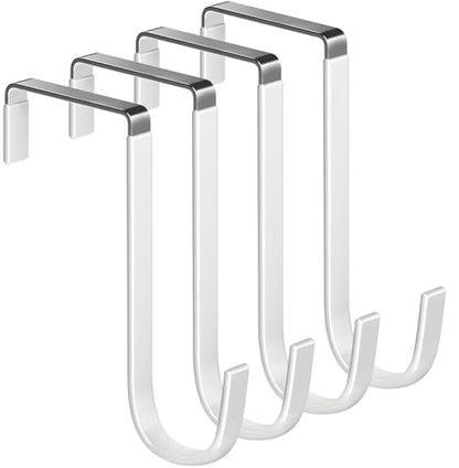 Single Over Thick Front Door Steel Hooks 4 Pack Fit 2" Door 5.5" White | Plastic Coated Rubber Feel Towel Rack Robe Coat Shoe Wreath Hanger No Damage No Scratch for Bathroom Heavy Duty Thin Top