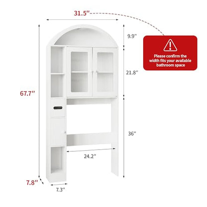 Over The Toilet Storage,Arched Wooden Over The Toilet Storage Organizer with Double Doors,Multiple Compartments and Open Shelves,Anti-tip Device,Space Saving (Toilet cabinet-white-01)
