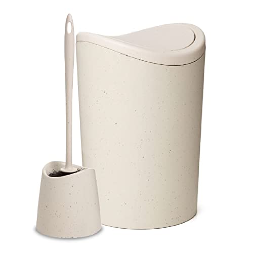 Superio Bathroom Trash Can with Toilet Brush Set Eco Friendly Modern Small Waste Basket Plastic Garbage Can with Swing Lid and Toilet Bowl Cleaner Bathroom Accessories Set