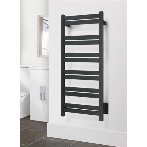 WarmlyYours Grande Heated Towel Rack, 12 Bars, Matte Black | Wall-mounted electric towel warmer rack and dryer, 120V hardwired, flat heated bars for towels and bathrobes - color: Matte Black, size: 12 Bars