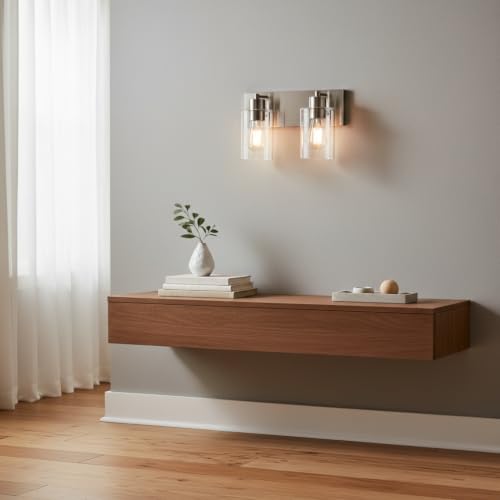 2-Light Brushed Nickel Bathroom Vanity Lights, Clear Glass | Brushed Nickel Metal Frame,Up/Down Wall Mount,cylinder Glass Shade,Kitchen Hallway Bedroom Indoor Use,Easy Install,E26 Base - size: 2-light