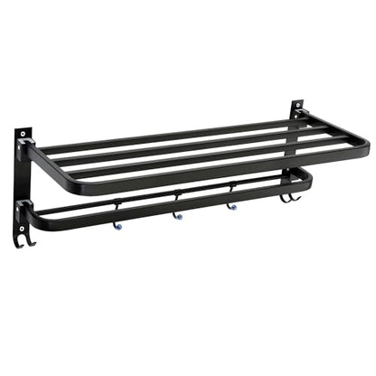 Foldable Towel Rack with Hooks – Wall Mounted Stainless Steel Bathroom Shelf for Towels, Bathrobes & Accessories | Double dacker, Rust-Resistant, Space-Saving Design for Modern Bathrooms (Matte Black) - color: Matte Black