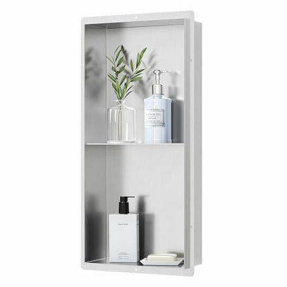 Qeke Stainless Steel Shower Niche 12" X 24" w/Double Shelves, Brushed Nickel - color: Brushed Nickel, size: 12"W X 24"H