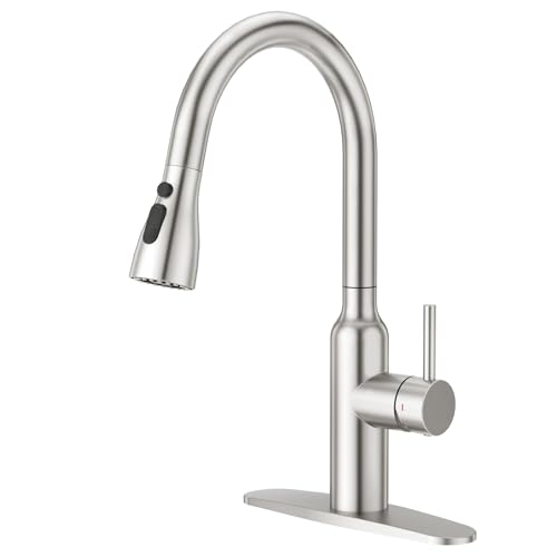 CREA Brushed Nickel Kitchen Faucets with Pull Down Sprayer, Faucets for Kitchen Sink, Small High Arc RV Stainless Steel Single Handle Pull Out Kitchen Sink Faucets, Brushed - color: Brushed, style: standard