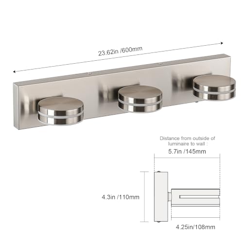 3-Light Bathroom Vanity Light 23.62in Brushed Nickel Vanity Light | 5CCT 18W LED Bathroom Light Fixtures Over Mirror,Dimmable 360°Rotate for Makeup Vanity Table Bathroom Mirror Bedroom - color: Nickel-5CCT-Dimmable