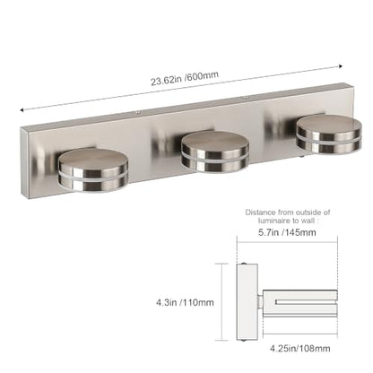 3-Light Bathroom Vanity Light 23.62in Brushed Nickel Vanity Light | 5CCT 18W LED Bathroom Light Fixtures Over Mirror,Dimmable 360°Rotate for Makeup Vanity Table Bathroom Mirror Bedroom - color: Nickel-5CCT-Dimmable