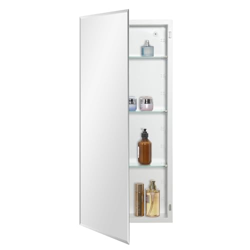 IDYLLOR Bathroom Medicine Cabinet with Beveled Edge Mirrored Door 16 x 36 inch, Recessed or Surface Mount, with Adjustable Glass Shelves - color: Matt White, size: 16x36 inch Beveled Edge Mirror