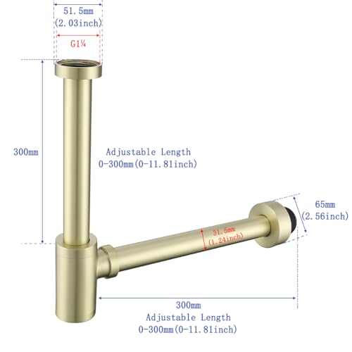 Bottle P Trap Brushed Gold 1 1/4 with 11.81 inch Slip Joint Extension Tube For Basin Sink Waste Drain Solid Brass P Trap Kit,SW-83888BG-L. - color: T03-Brushed Gold