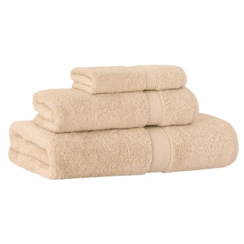 Supreme Terry 3-Piece 100% Turkish Cotton Towel Set, Hotel Quality Soft & Absorbent, 1 Luxury Bath Towel 1 Hand Towel 1 Washcloth-Beige - color: Beige, size: 3 Pcs Set