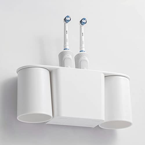 Wall-Mounted Toothbrush and Toothpaste Holder - Self-Draining Design, Easy Installation, Space-Saving, White (Double - Two Magnetic Cups)