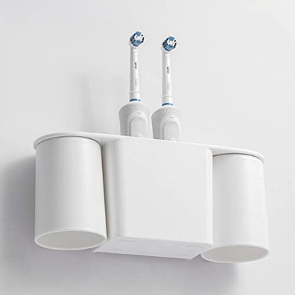 Wall-Mounted Toothbrush and Toothpaste Holder - Self-Draining Design, Easy Installation, Space-Saving, White (Double - Two Magnetic Cups)