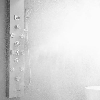 6 IN 1 Shower Panel Tower System Stainless Steel Wall Mounted | Rainfall Waterfall Shower Head,Two Mode Body Jets,Waterfall Tub Spout,with Temperature Display,Brushed Nickel and Chrome - color: Brushed Nickel and Chrome
