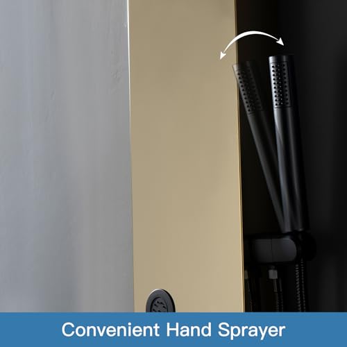 BWE Rainfall Waterfall Shower Panel Tower System Stainless Steel Bathroom Shower Panel with 5 Massage Body Jets Sprays and Handheld Shower,Polished Gold and Black