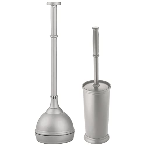 mDesign Hidden Plunger and Brush Set for Toilet Bowl - Modern Toilet Brush and Plunger Set - Brush Cleaner and Plunger Combo with Holder Caddy for Bathroom - Hyde Collection - Set of 2 - Gray - color: Gray