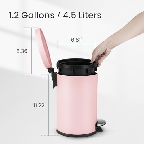 Cesun Small Round Bathroom Trash Can with Lid Soft Close, 1.2 Gal, Pink | Removable Inner Bucket, Stainless Steel Garbage Can for Bedroom/Office, Hands-Free Step Pedal, Fingerprint-Resistant - color: Pink