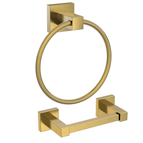 FORIOUS Toilet Paper Holder and Towel Ring Set, Bathroom Accessories Set | Brushed Gold | Double Post Pivoting Toilet Paper Holder Wall Mounted and Towel Ring | SUS304 Stainless Steel | Round & Square - color: Brushed Gold, size: Square & Round