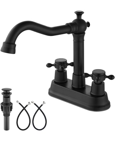 Aolemi 4 Inch Centerset Bathroom Sink Faucet Vintage 2 Cross Handle RV Mixer Tap Basin Vanity Lavatory Utility for Sink 3 Hole Include Hoses Pop Up Drain Faucet Handle Without Label Matte Black - color: Matte Black, style: Faucet Handle without Label