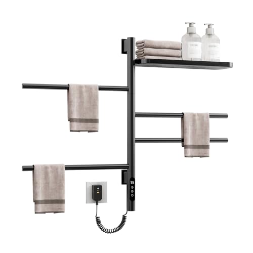 Swivel Heated Towel Rack, Wall Mounted Electric Towel Warmer Rack for Bathroom, 4 Round Bars Swivelable Towel Dryer with Tray, Towel Heater with Built-in Timer, for bathroom, Salons & Spas (G64 Black)