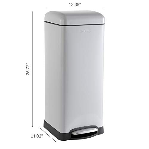 happimess Betty 8 Gal Step Trash Can Soft-Close Lid, Gloss Gray | Fingerprint Resistant, Removable Liner, Semi-Rectangular, Steel Pedal, Iron Powder Coated, 27" Height, Non-Skid Base - color: Gray