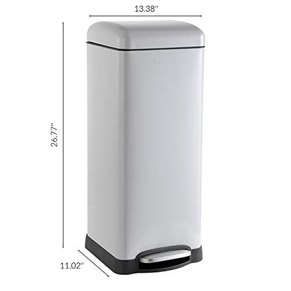 happimess Betty 8 Gal Step Trash Can Soft-Close Lid, Gloss Gray | Fingerprint Resistant, Removable Liner, Semi-Rectangular, Steel Pedal, Iron Powder Coated, 27" Height, Non-Skid Base - color: Gray