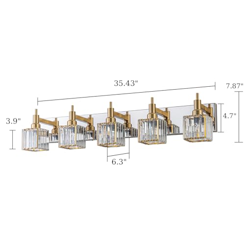 Crystal Bathroom Light Gold Chrome 5-Light Modern Bathroom Vanity Fixtures Over Mirror Square Wall Sconce - color: Gold Chrome-Square Shade, size: 5-Light