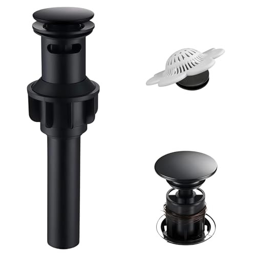 Bathroom Sink Drain with Overflow,Matte Black Bathroom Sink Stopper | for Bathroom Vanity Vessel Sink, Rapid Draining Plastic Pop-up Sink Drain Anti-Clog Strainer,with Silicone Hair Catcher - color: Bathroom Sink Drain-matte Black
