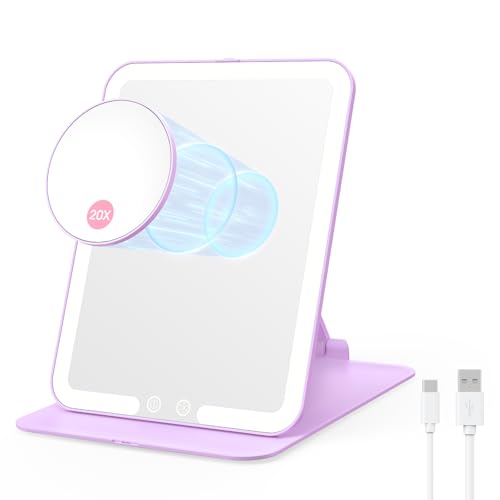 Foldable Travel Makeup Mirror with Lights & 20X Magnifying, Purple | Rechargeable LED Vanity Mirror, Height & Angle Adjustable, Smart Auto Sensor, 3-Colors Lighting, Portable Tabletop Mirror - color: Purple