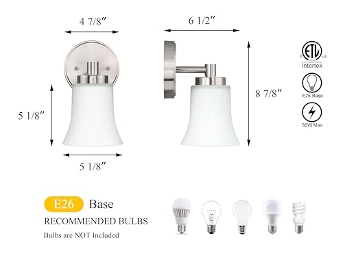 XiNBEi Lighting Wall Sconce Light Bathroom Vanity Fixture Brushed Nickel | Modern Small Bathroom Light Fixture, Single Wall Light, White Glass Shade, For Hallway Bedroom Kitchen Stairway - color: Brushed Nickel, size: 5"