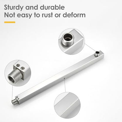 16 Inch Shower Head Extension Arm with Flange, Shower Rod, Nickel | Square Straight Rain Showerhead Extended Arms, Shower Pipe Extender Arm Replacement, Wall Mounted, SUS304 Stainless Steel - color: Nickel