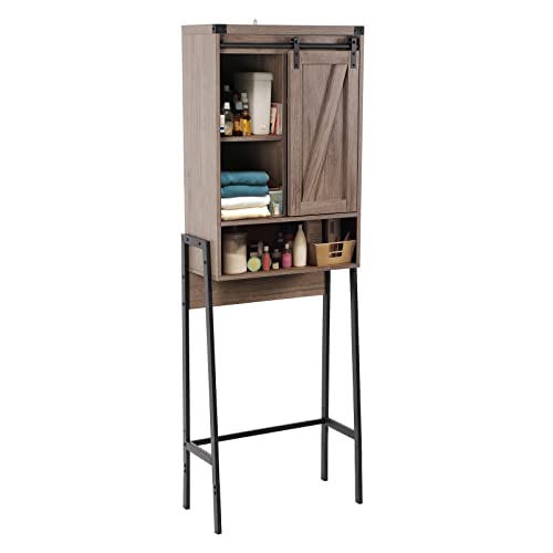 Over Toilet Storage Cabinet with Barn Door & Adjustable Shelves | 24 Inch Wide Bathroom Organizer, Space-Saving, Sturdy Wood, Anti-Tipping, Easy Assembly, for Restroom, Laundry, Small Spaces - color: Grey