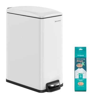 SONGMICS Slim Trash Can, 13-Gallon (50 L) Garbage Can for Narrow Spaces with Soft-Close Lid, Inner Bucket, and Step-on Pedal, Stainless Steel, 15 Trash Bags Included, White ULTB510W48 - color: White, style: 13 Gal.