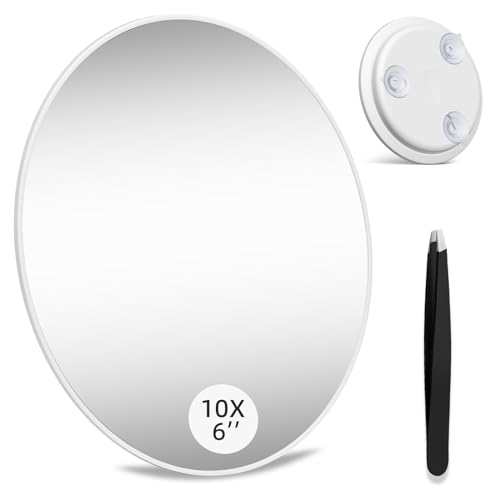 Large 6" 10x Magnifying Mirror with Tweezers, Travel Magnified Mirror 10x with Suction Cups, Magnification Travel Magnifying Mirrors, Round Magnifier for Detailed Makeup - color: White--10x
