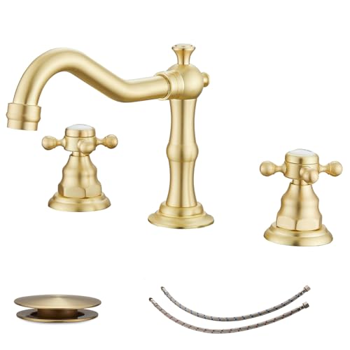 Bathroom Sink Faucet 3 Hole,Antique Brass 8 Inch Widespread | Dual Hot and Cold Handles,Pop Up Drain,Supply Line,Easy to Clean,Simple Installation,Sleek Minimalist,Stain Resistant,Durable - color: Antique Brass