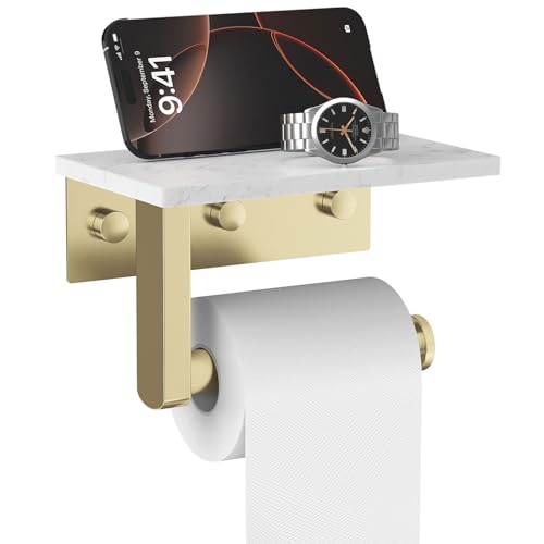 Brushed Gold Toilet Paper Holder with Marble Shelf Tissue Roll Holder | 304 Stainless Steel Wall Mounted Toilet Paper Roll Holder Screw-Mounted Tissue Holder for Bathroom Washroom by BATHLAVISH - color: Brushed Gold