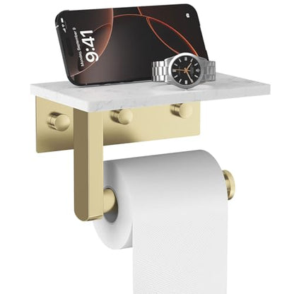 Brushed Gold Toilet Paper Holder with Marble Shelf Tissue Roll Holder | 304 Stainless Steel Wall Mounted Toilet Paper Roll Holder Screw-Mounted Tissue Holder for Bathroom Washroom by BATHLAVISH - color: Brushed Gold