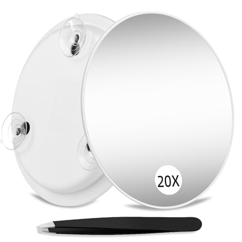 Magnifying Mirror 20X with Suction Cups, Large 6inch Travel 20X Magnified Round Makeup Mirror with High Magnification, Makeup Mirror with Tweezers Set - color: 20x -White