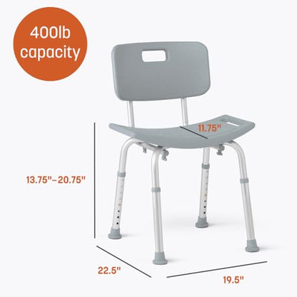 Caring Bath Chair for Seniors, Shower Seat with Back, Suction Feet, Non-Slip Adjustable Height Shower Bench for Elderly, Disabled, 400 lb Weight Capacity, Gray Bathroom Stool for Tub or Shower - size: Fixed Backrest