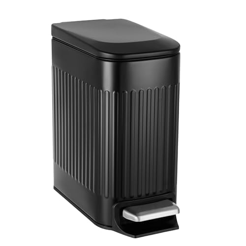 TrashAid Small Black Bathroom Trash Can with Lid Soft Close & Pedal, 1.6Gal | Removable Inner Bucket, Stainless Steel Garbage Can, Slim Wastebasket for Toilet/Office/Bedroom, Retro Design, Odor Control - color: Black