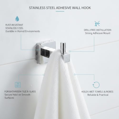 Wall Hook Stainless Steel Adhesive Mount for Bathroom Tile and Glass, Drill-Free Holder for Wet Towels and Robes (1 Piece) - size: 2.17 x 1.97 x 1.69 in